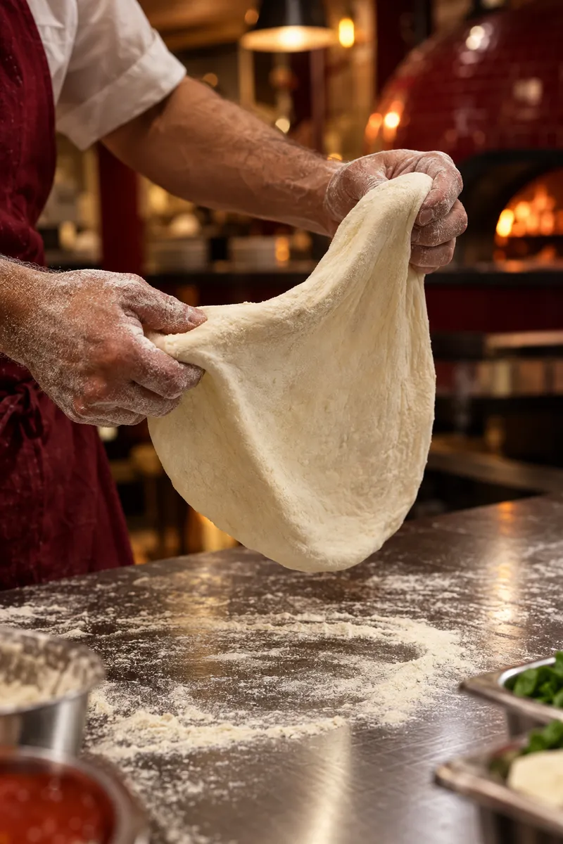 Hands stretching fresh pizza dough over a floured counter